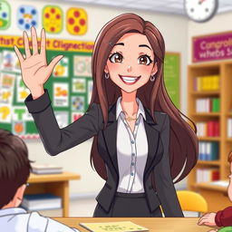An animated scene featuring a beautiful female teacher with long, flowing hair, smiling and waving her hand in a friendly manner