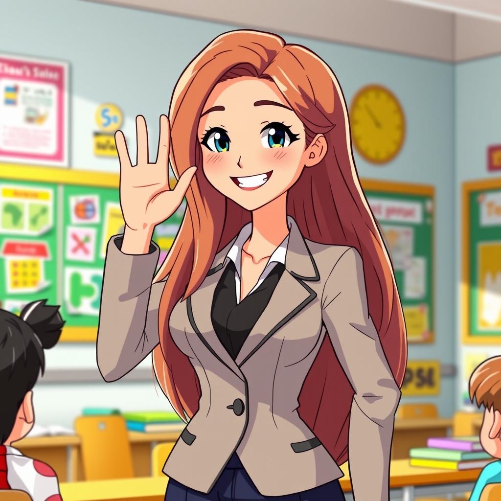 An animated scene featuring a beautiful female teacher with long, flowing hair, smiling and waving her hand in a friendly manner
