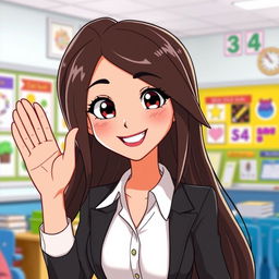 An animated scene featuring a beautiful female teacher with long, flowing hair, smiling and waving her hand in a friendly manner