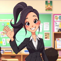 An animated scene featuring a beautiful female teacher with long, flowing hair, smiling and waving her hand in a friendly manner