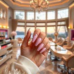 A stunning manicure scene featuring a beautifully decorated nail salon with a variety of vibrant nail polishes and elegant nail art designs on display