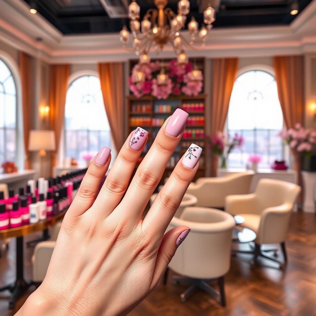 A stunning manicure scene featuring a beautifully decorated nail salon with a variety of vibrant nail polishes and elegant nail art designs on display