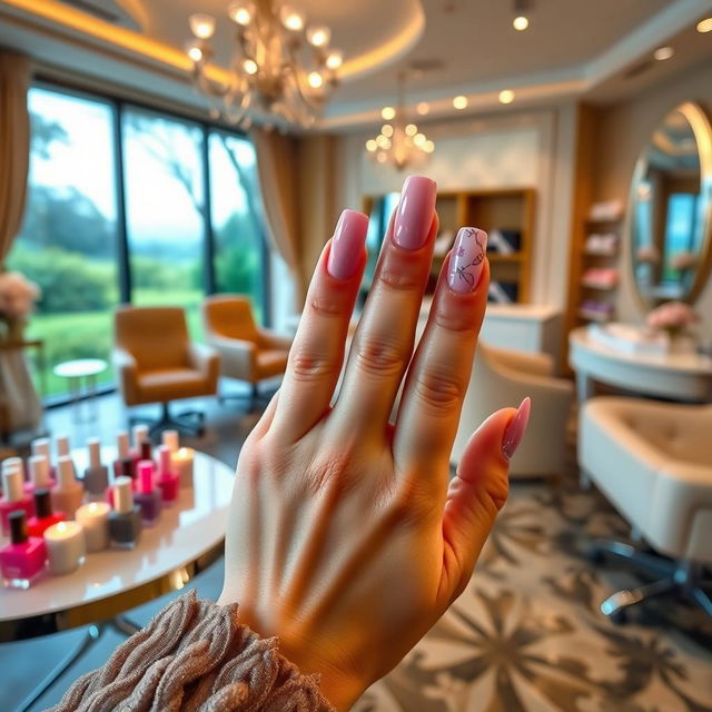 A stunning manicure scene featuring a beautifully decorated nail salon with a variety of vibrant nail polishes and elegant nail art designs on display
