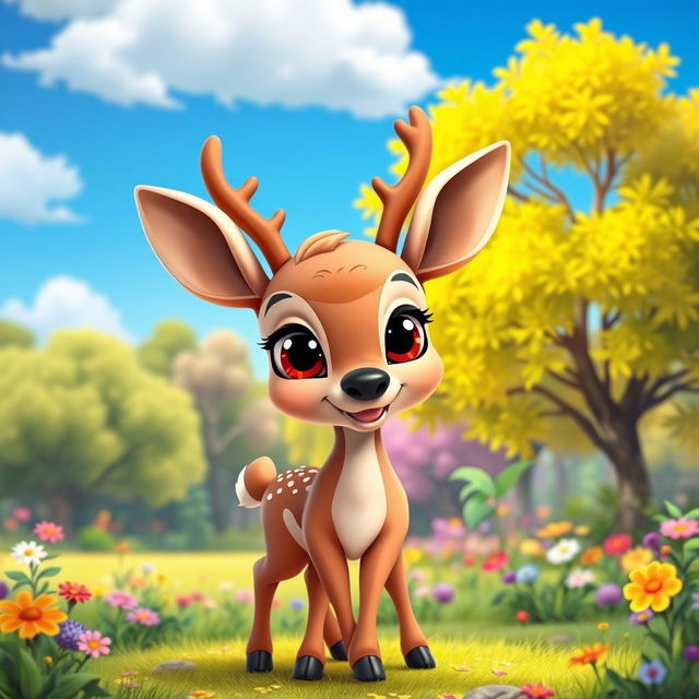 A cute cartoon deer standing in a colorful forest, with big expressive eyes and a playful smile
