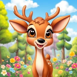 A cute cartoon deer standing in a colorful forest, with big expressive eyes and a playful smile
