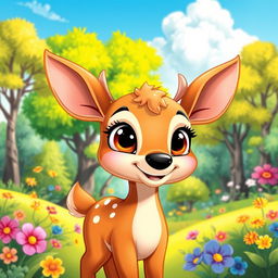A cute cartoon deer standing in a colorful forest, with big expressive eyes and a playful smile