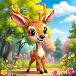 A cute cartoon deer standing in a colorful forest, with big expressive eyes and a playful smile