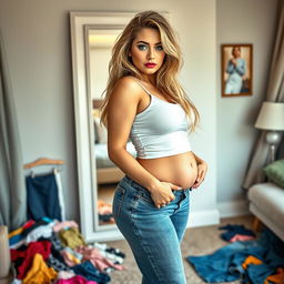 A full-length photograph of a beautiful, curvy young woman with thick, long, messy dirty blond hair and striking crystal blue eyes