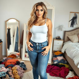 A full-length photograph of a beautiful, curvy young woman with thick, long, messy dirty blond hair and striking crystal blue eyes