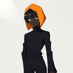 A striking black anime character standing confidently, adorned in a sleek all-black outfit that hugs their form while embodying a stylish and modern aesthetic