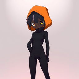 A striking black anime character standing confidently, adorned in a sleek all-black outfit that hugs their form while embodying a stylish and modern aesthetic