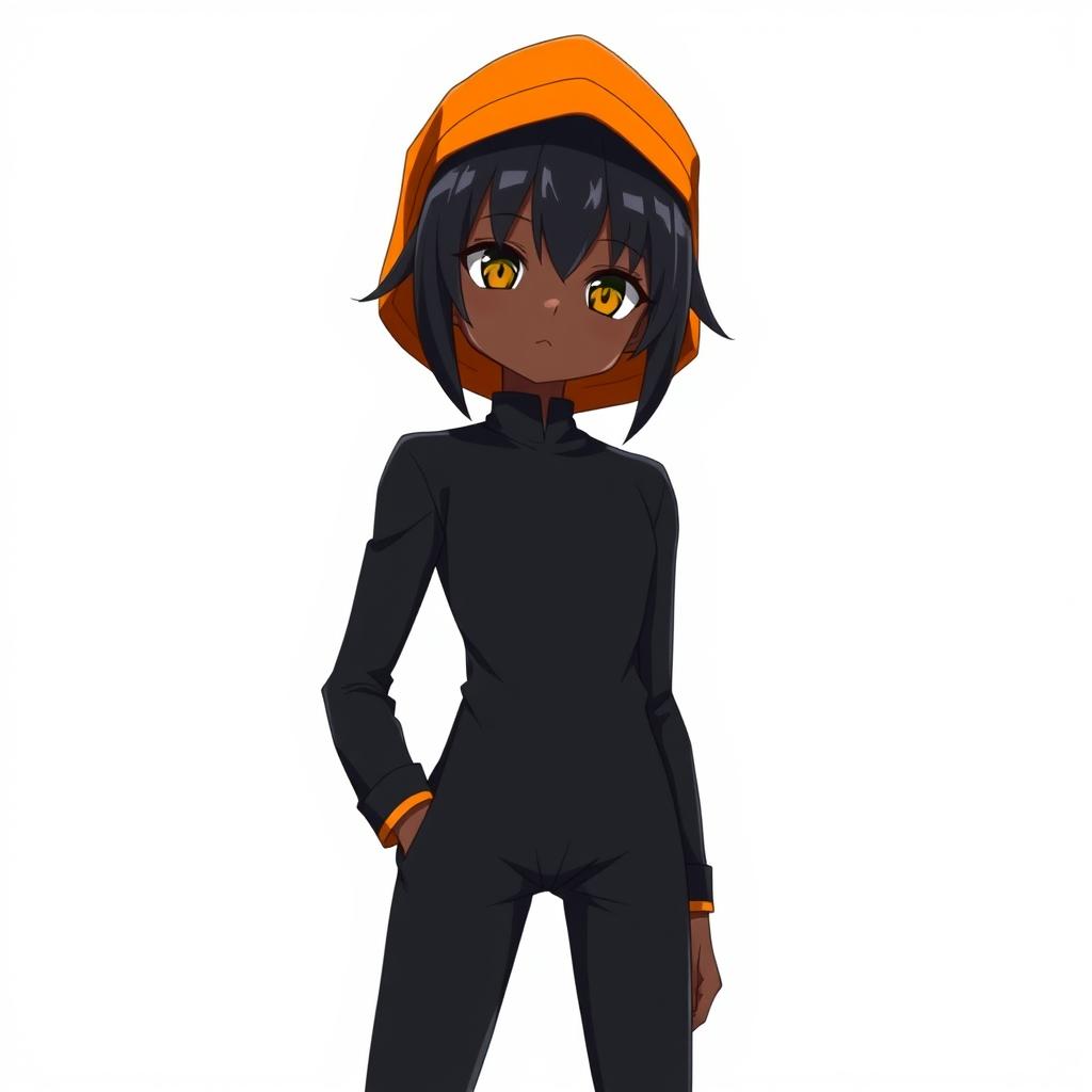 A striking black anime character standing confidently, adorned in a sleek all-black outfit that hugs their form while embodying a stylish and modern aesthetic