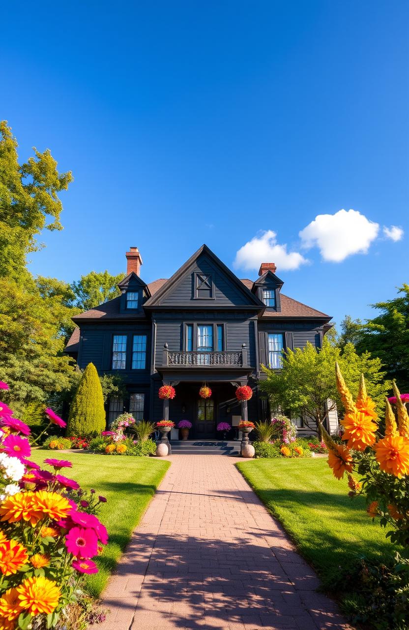 A big black house set against a clear blue sky, surrounded by lush green trees and vibrant summer flowers in full bloom