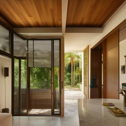 Contemporary Indian house featuring Spanish interior design, accented with glass and wooden finishes.