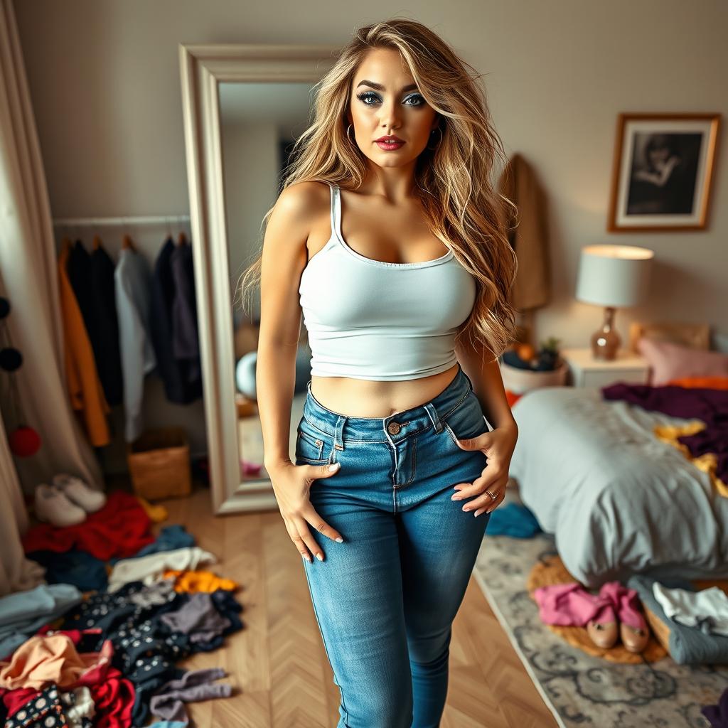 A full-length photograph of a beautiful, curvy young woman with very thick, long, messy dirty blond hair cascading around her shoulders and striking crystal blue eyes