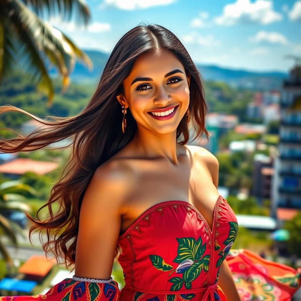 A stunning Brazilian woman with long, flowing dark hair and a radiant smile