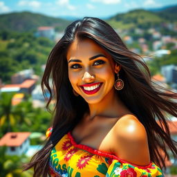 A stunning Brazilian woman with long, flowing dark hair and a radiant smile