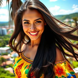 A stunning Brazilian woman with long, flowing dark hair and a radiant smile