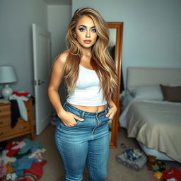 A full-length photograph of a beautiful, curvy young woman with very thick, long, messy dirty blond hair cascading around her shoulders and striking crystal blue eyes