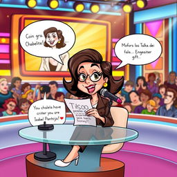 A cartoonish illustration of Chabelita, a well-known Spanish figure, sitting at a stylish desk with a microphone, passionately critiquing her mother, Isabel Pantoja, the famous Spanish singer
