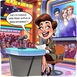 A cartoonish illustration of Chabelita, a well-known Spanish figure, sitting at a stylish desk with a microphone, passionately critiquing her mother, Isabel Pantoja, the famous Spanish singer