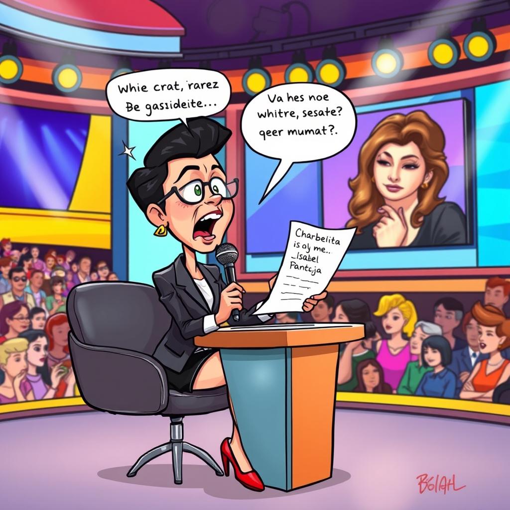 A cartoonish illustration of Chabelita, a well-known Spanish figure, sitting at a stylish desk with a microphone, passionately critiquing her mother, Isabel Pantoja, the famous Spanish singer