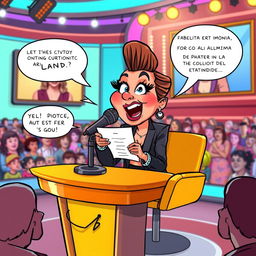 A cartoonish illustration of Chabelita, a well-known Spanish figure, sitting at a stylish desk with a microphone, passionately critiquing her mother, Isabel Pantoja, the famous Spanish singer
