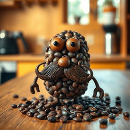 A playful and whimsical character made from coffee grains, sporting a stylish mustache