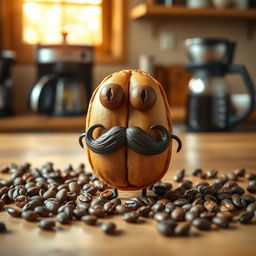 A playful and whimsical character made from coffee grains, sporting a stylish mustache