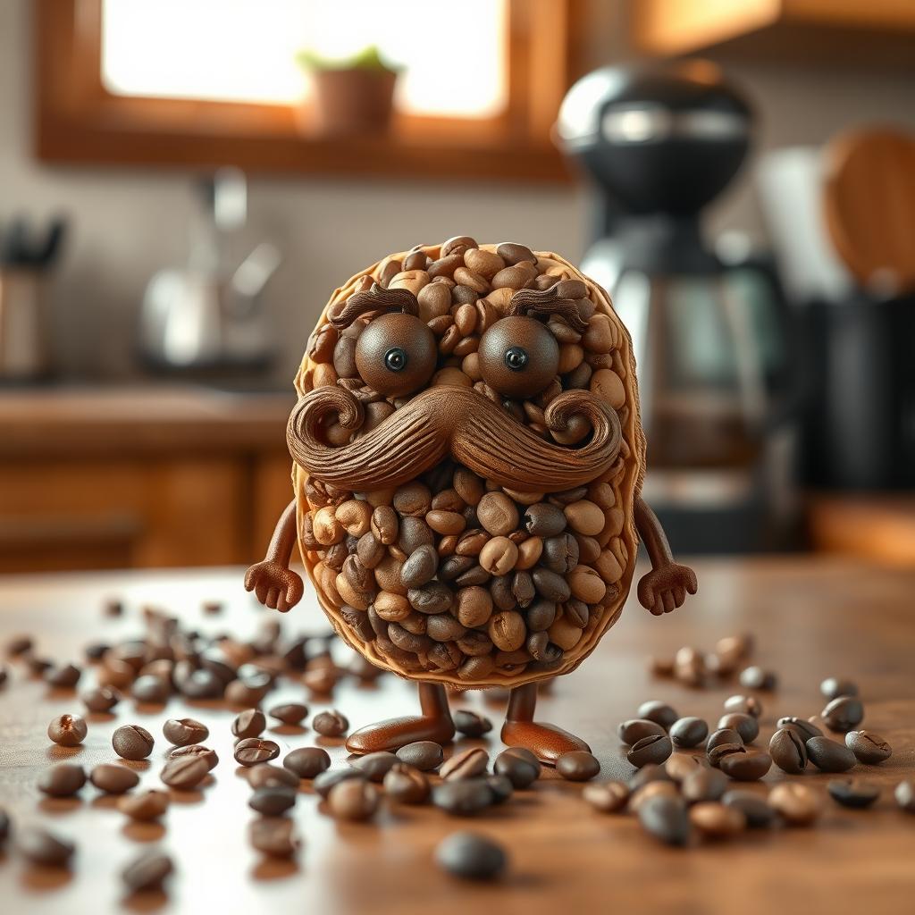 A playful and whimsical character made from coffee grains, sporting a stylish mustache