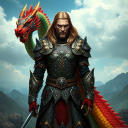 A stunning armored human warrior, showcasing intricate and ornate armor adorned with mythical carvings, standing boldly with a long, scaly dragon tail coiling behind them