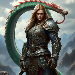 A stunning armored human warrior, showcasing intricate and ornate armor adorned with mythical carvings, standing boldly with a long, scaly dragon tail coiling behind them