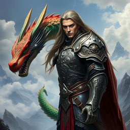 A stunning armored human warrior, showcasing intricate and ornate armor adorned with mythical carvings, standing boldly with a long, scaly dragon tail coiling behind them