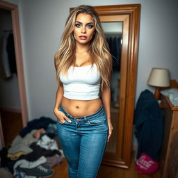 A full-length photograph of a beautiful, sexy, curvy young woman standing in front of a full-length mirror in her bedroom