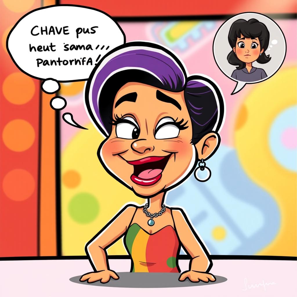 A vibrant and humorous cartoon character representation of Chabelita, playfully critiquing her mother, Isabel Pantoja