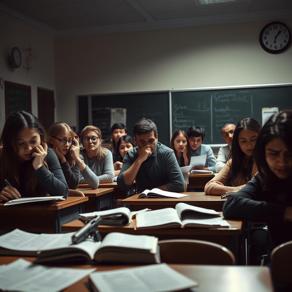 A dramatic and intense scene inside a high school classroom during an exam session
