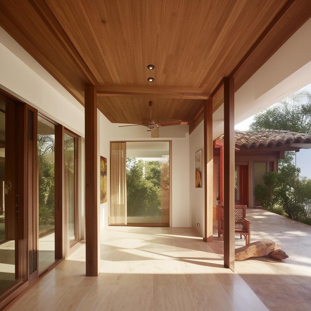 Contemporary Indian house featuring Spanish interior design, accented with glass and wooden finishes.