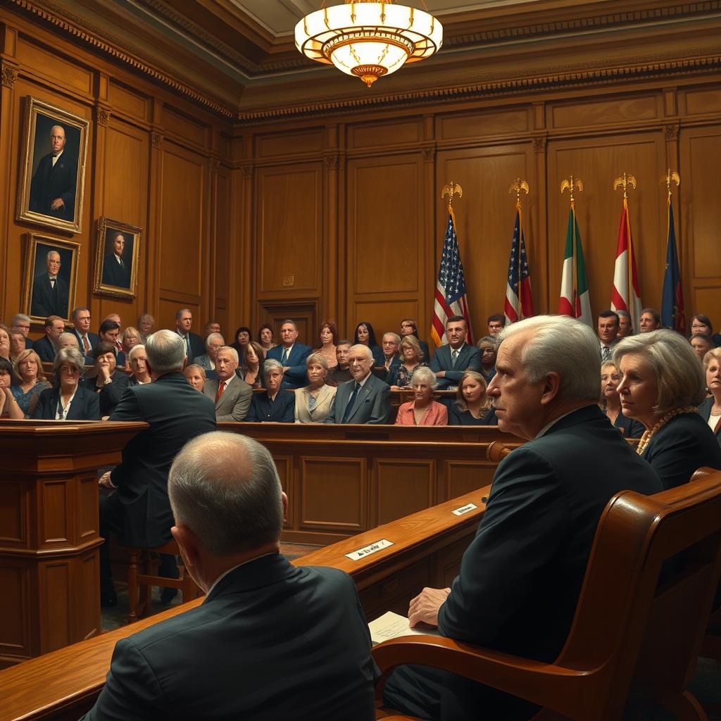 A courtroom scene depicting a former president sitting in the defendant’s chair, looking anxious as the jury attentively listens intently