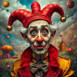 A surreal portrait of a character inspired by a jester, blending elements of a politician and a clown, with exaggerated facial expressions and colorful, flamboyant clothing