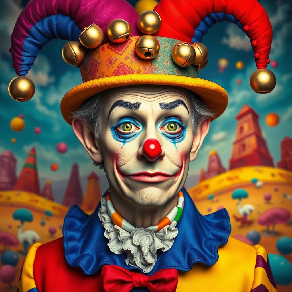A surreal portrait of a character inspired by a jester, blending elements of a politician and a clown, with exaggerated facial expressions and colorful, flamboyant clothing