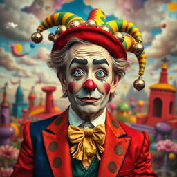 A surreal portrait of a character inspired by a jester, blending elements of a politician and a clown, with exaggerated facial expressions and colorful, flamboyant clothing