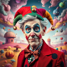 A surreal portrait of a character inspired by a jester, blending elements of a politician and a clown, with exaggerated facial expressions and colorful, flamboyant clothing