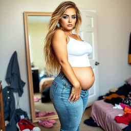 A full-length photograph of a sexy, thick, curvy young woman standing in front of a full-length mirror in her bedroom