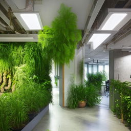 An office styled in eco-brutalist interior design, mixing white and gray tones, adorned with ample amounts of green plants and vegetation.