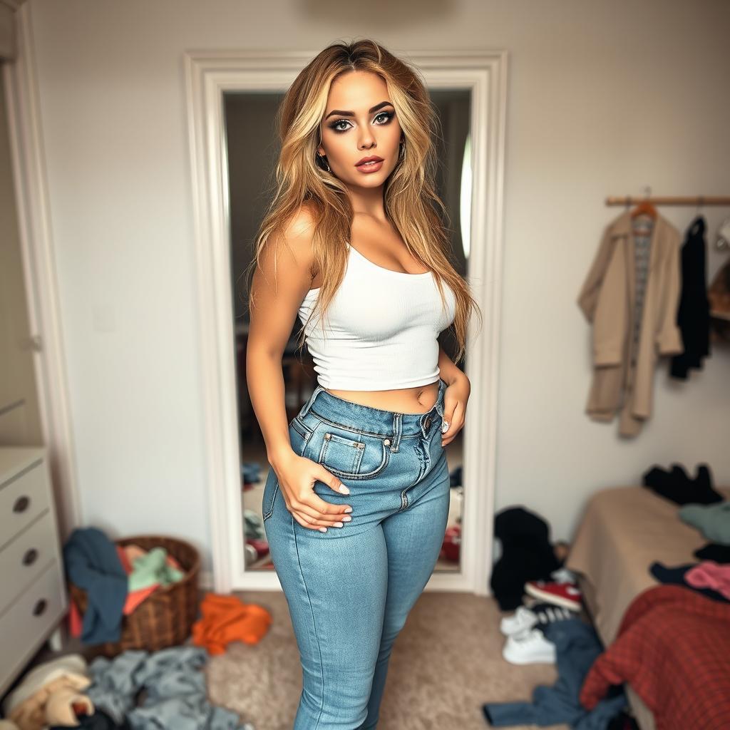 A full-length photograph of a beautiful, curvy young woman standing in front of a full-length mirror in her bedroom