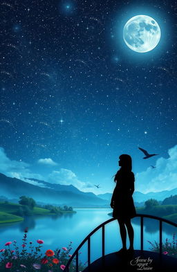 a dreamy scene featuring a vast, starry night sky filled with twinkling stars, with a serene moon illuminating a tranquil landscape below