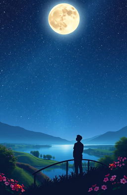 a dreamy scene featuring a vast, starry night sky filled with twinkling stars, with a serene moon illuminating a tranquil landscape below