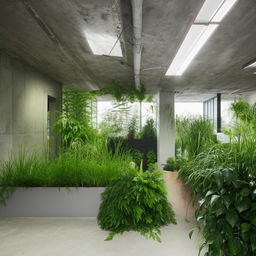 An office styled in eco-brutalist interior design, mixing white and gray tones, adorned with ample amounts of green plants and vegetation.