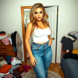 A full-length photograph of a sexy, beautiful, thick, curvy young woman standing confidently in front of a full-length mirror in her bedroom