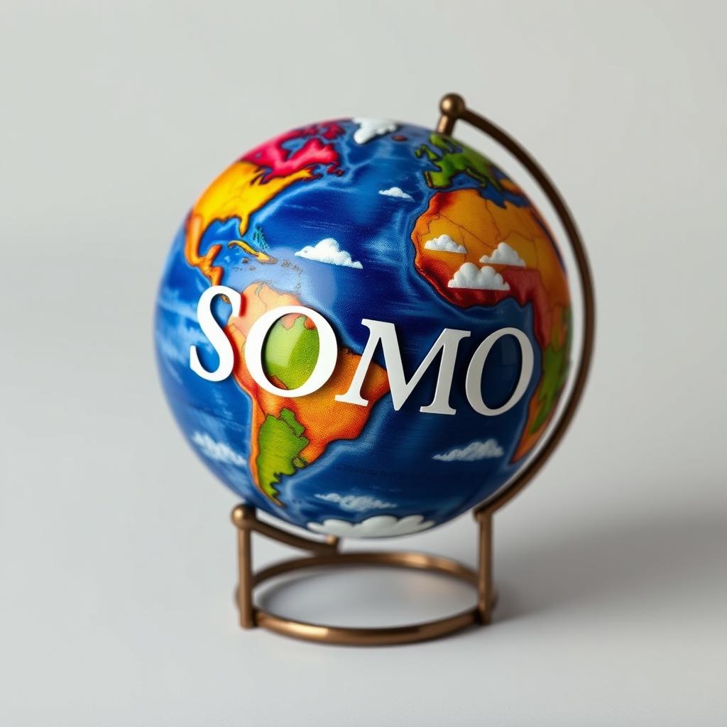 A beautifully designed small globe featuring the word 'SOMO' elegantly written on it